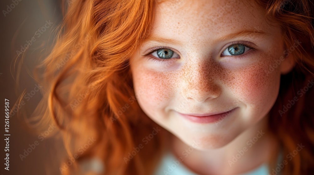 A smiling redhead girl exudes warmth and joy, capturing a moment of natural beauty and serenity.