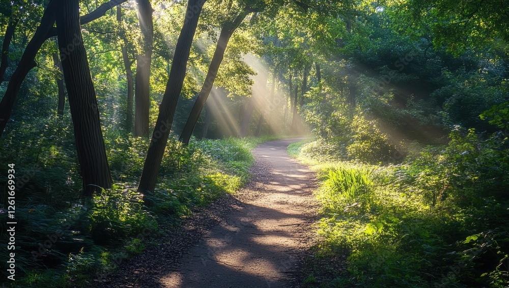 Fototapeta premium Sunbeams on Forest Path at Dawn