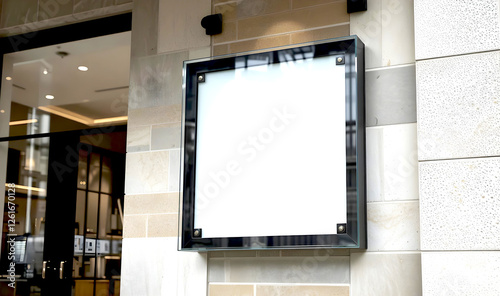 Blank square store signage design mockup isolated, glass badge shop template prominently displayed on the wall outside, signboard for logo presentation of boutique.