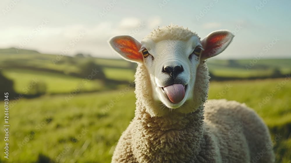 Sheep playfully sticking out its tongue, a moment of lighthearted charm.