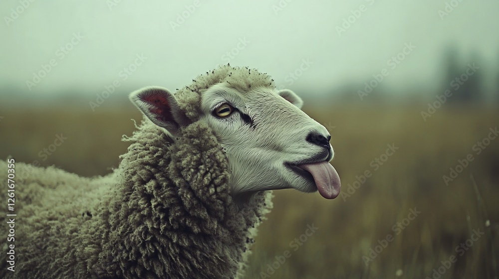 Fototapeta premium Sheep playfully sticking out its tongue, a moment of lighthearted charm.