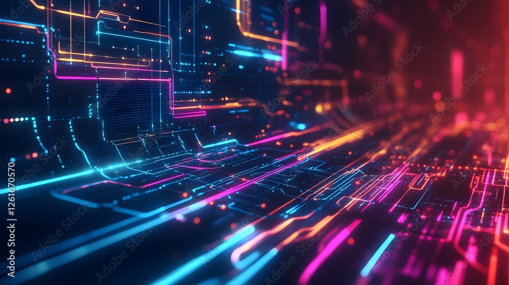 Abstract depiction of electronic circuitry with vibrant colorful lines Abstract depiction of electronic circuitry with vibrant colorful lines