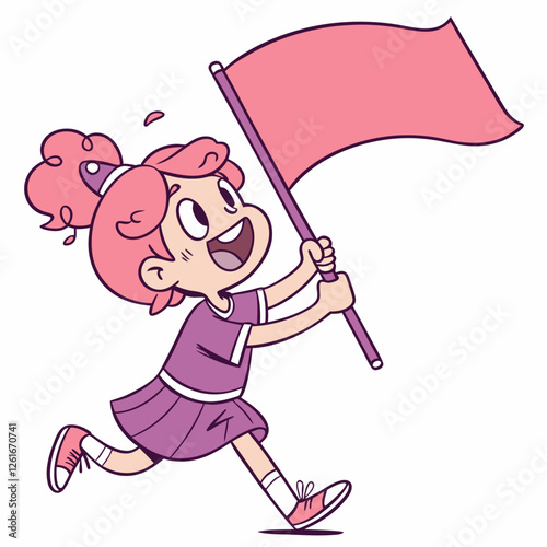 Joyful Girl Running with Blank Flag Illustration