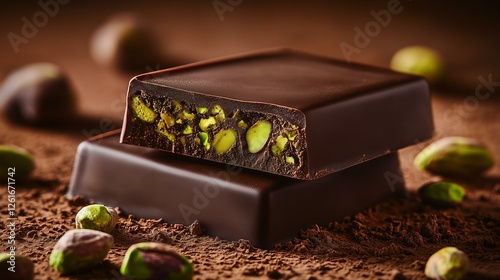 Delicious Dark Chocolate Bars with Pistachio Nuts Stacked on a Rich Brown Background photo