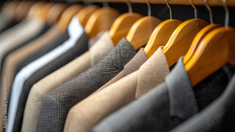 Obraz premium Stylish rack displaying various women suits in beige and brown tones, showcasing elegant fabrics and textures. Perfect for professional or formal occasions