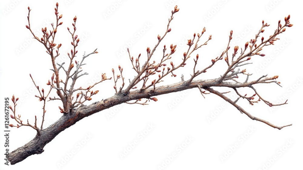 Branch with Buds Against White Background, Symbolizing Spring's Arrival and Renewal Branch with Buds Against White Background, Symbolizing Spring's Arrival and Renewal