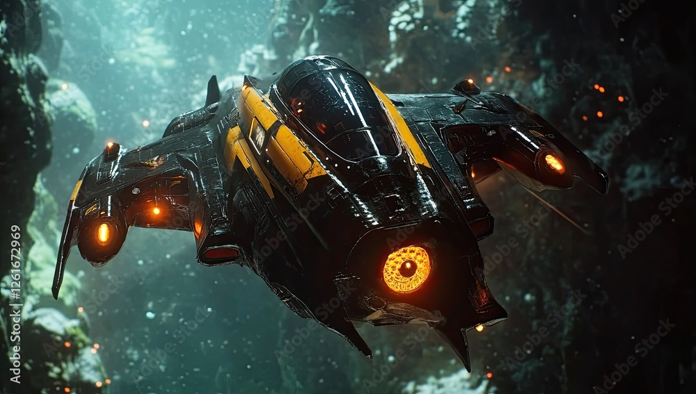 Futuristic spaceship flies through alien cave system