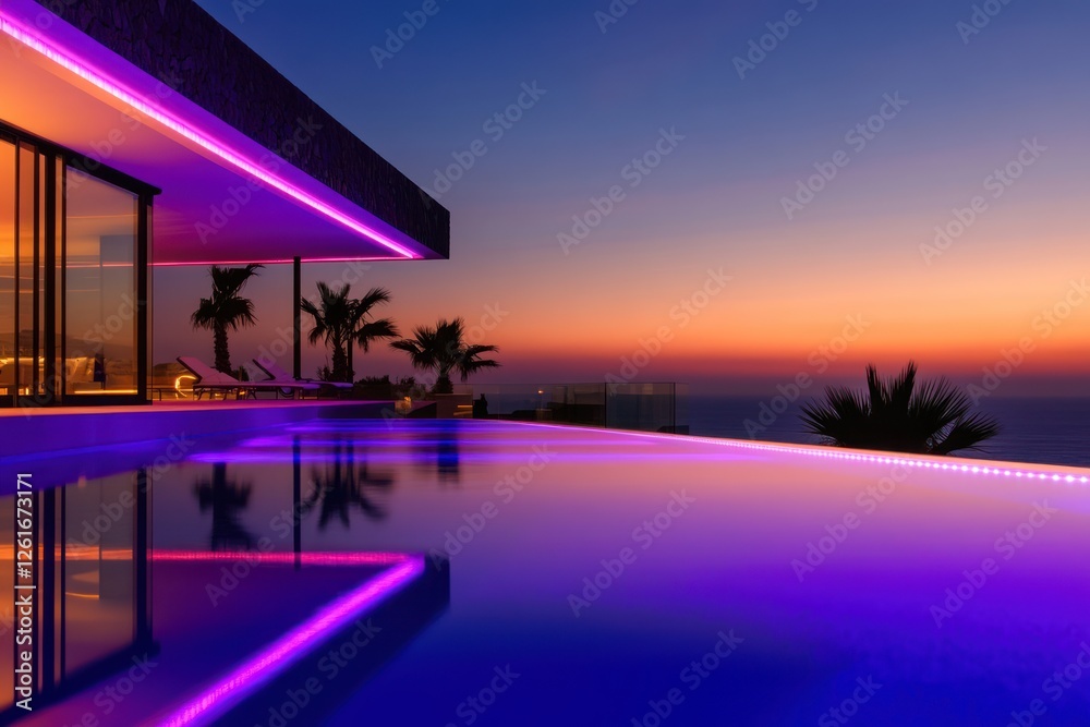 Fototapeta premium Sunset luxury villa pool, ocean view, night lighting, relaxation
