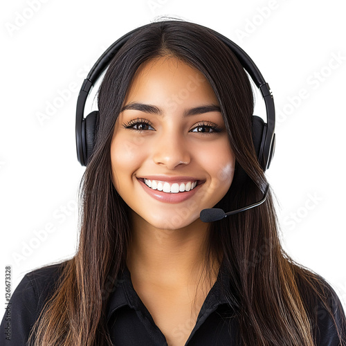 Smiling call center operator with headset provides telephone customer support isolated on transparent background