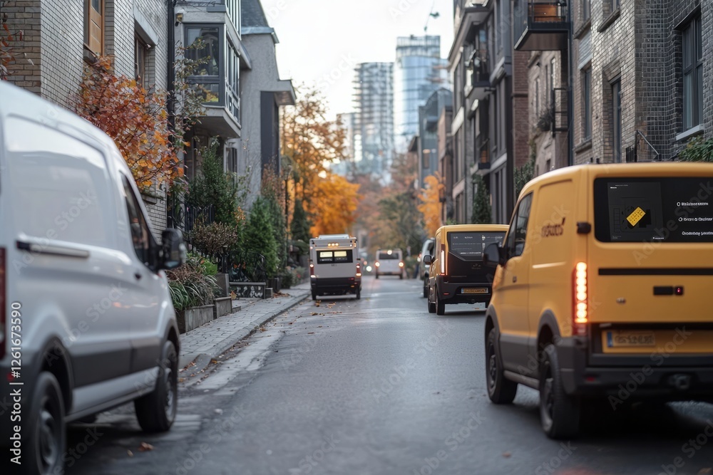 Fototapeta premium A city street with multiple autonomous delivery vehicles parked at different addresses. Their digital screens display real-time delivery status