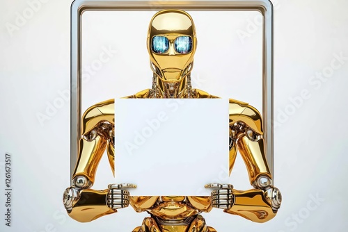 In a symmetric display on white, a polished gold humanoid robot presents a blank white sheet within a matte silver frame. photo