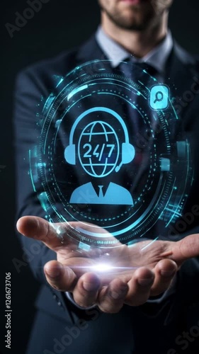 Businessman presenting a digital hologram of 24/7 global support.