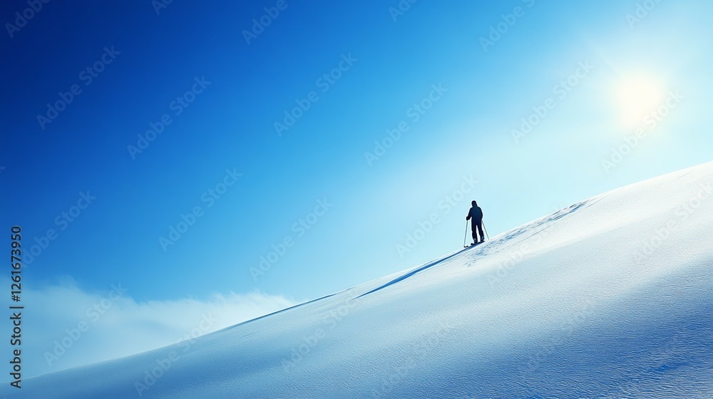 Skier poised on snowy slope, ready for descent, embodying focus and adventure.