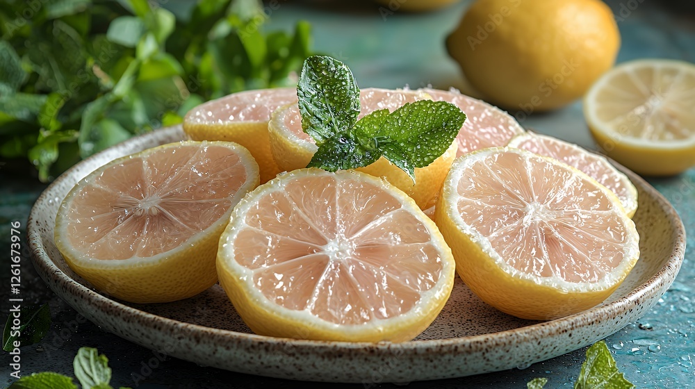 Fresh Sliced Lemon and Mint on Plate Refreshing Citrus Drink