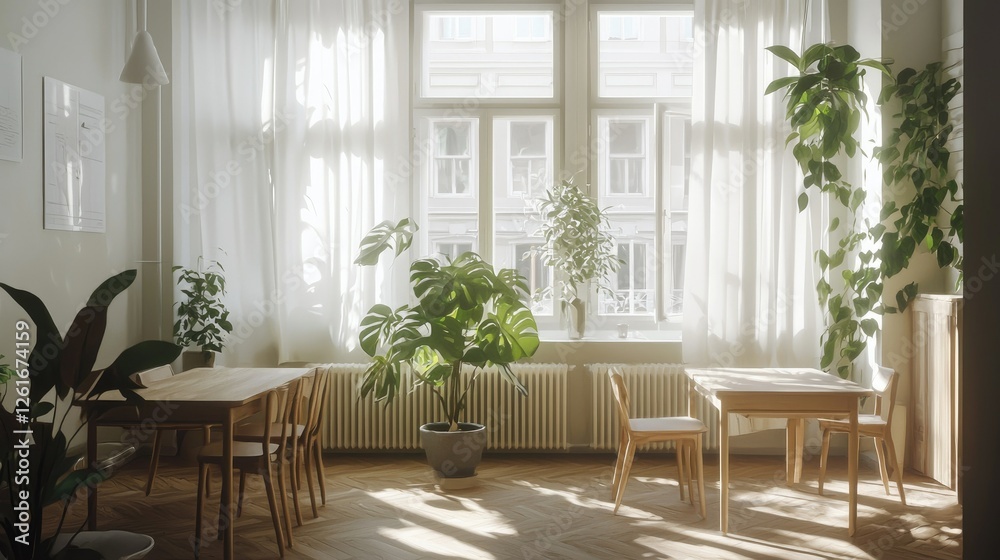 Cozy indoor space with natural light and lush green plants Cozy indoor space with natural light and lush green plants