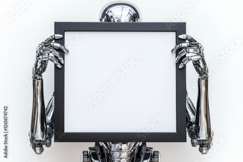 Chrome-armed sleek humanoid robot symmetrically showcases a blank white sheet in a beveled matte black frame on white.