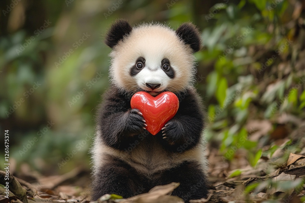 Fototapeta premium Panda - my cherished animal. Cute panda baby with diamond red heart on in a natural habitat. Commercial animal creative design idea. Passionate love in wildlife. Wildlife in love. Wild love.