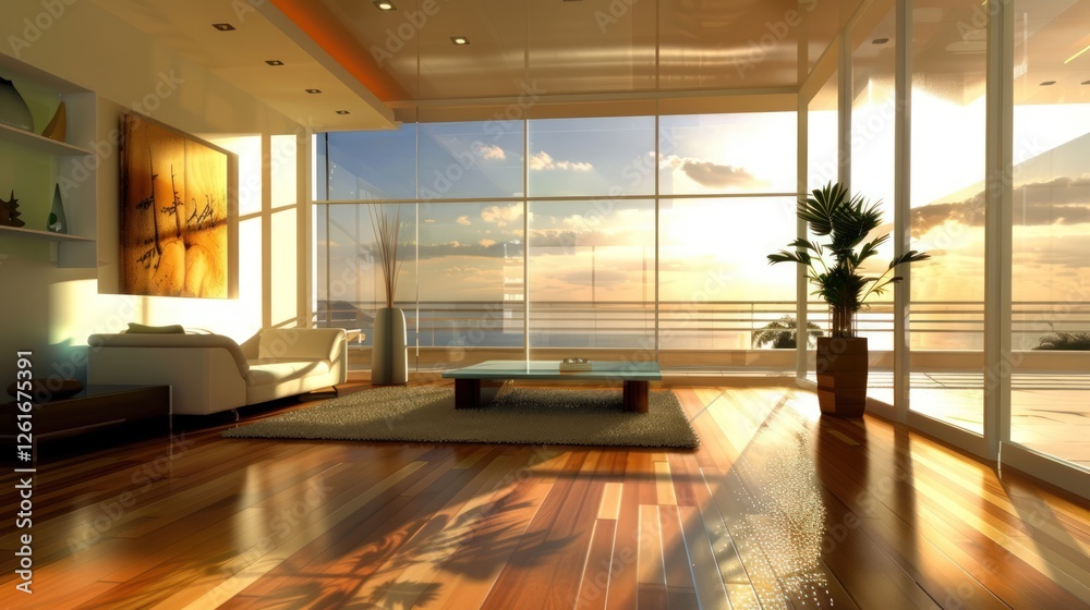Fototapeta premium Luxury Coastal Living Room at Sunset