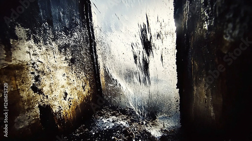 Grungy window, water streaks, urban decay, sunlight