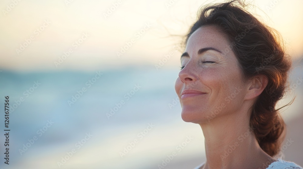 Woman relishes the breeze by the sea, embodying peace and freedom. Woman relishes the breeze by the sea, embodying peace and freedom.