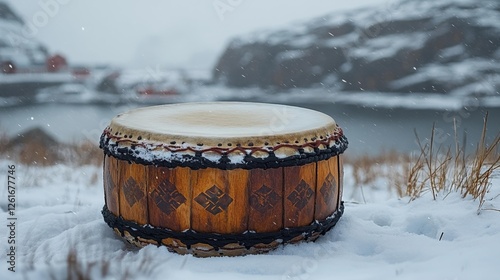 Wooden Drum Covered with Snow in a Winter Landscape. Generative AI photo