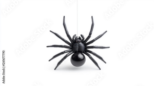 Black Spider with Shiny Legs Hanging on Web Isolated on White. Generative AI photo