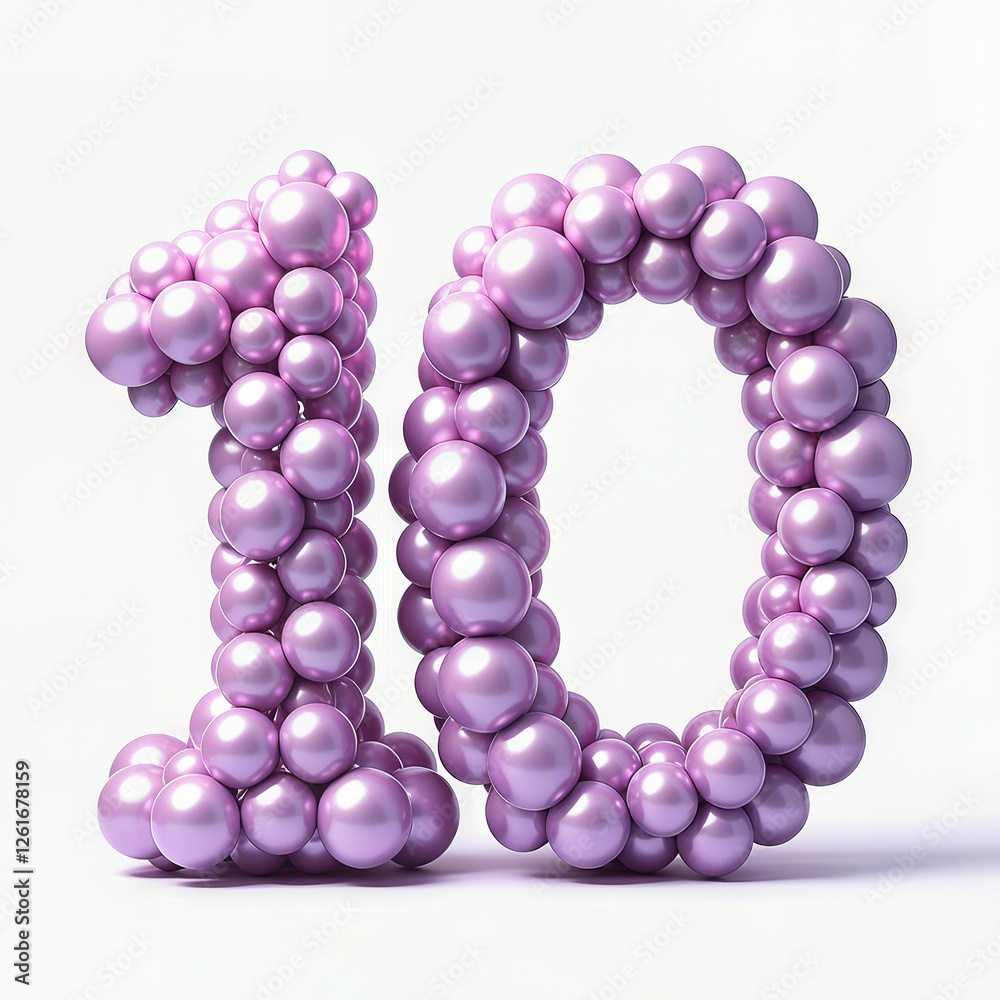 A 10th birthday number made of purple balloons on a white background. A 10th birthday number made of purple balloons on a white background.