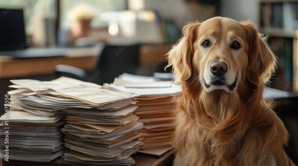 charming canine companion sits beside meticulous stack of papers, creating warm and inviting atmosphere in cozy office space charming canine companion sits beside meticulous stack of papers, creating warm and inviting atmosphere in cozy office space