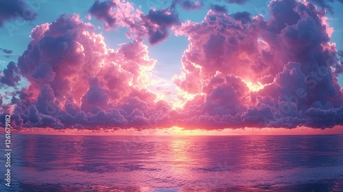 Vibrant sunset over tranquil ocean waters with dramatic clouds reflecting warm hues