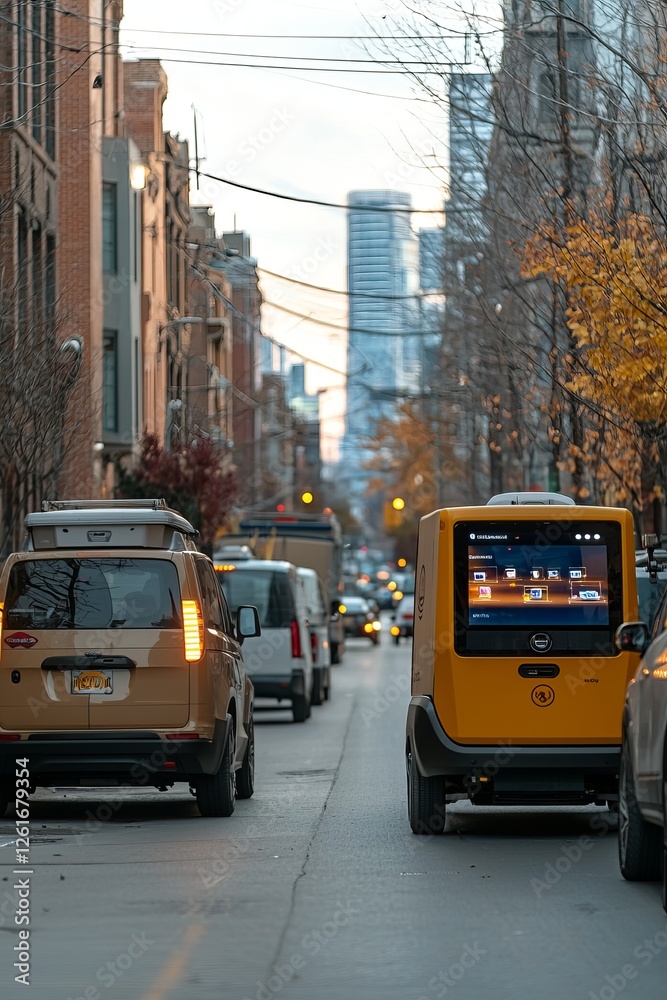 Fototapeta premium A city street with multiple autonomous delivery vehicles parked at different addresses. Their digital screens display real-time delivery status