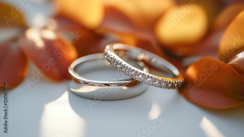 Wedding Rings on Autumn Leaves with Sunlight. Generative AI photo