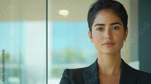 Confident young businesswoman in a modern office, exuding professionalism and focus.