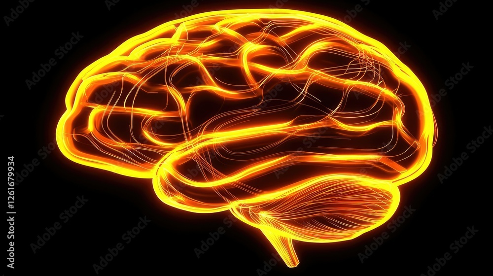 Abstract Brain Illustration with Neon Orange Glow on Black Background Abstract Brain Illustration with Neon Orange Glow on Black Background