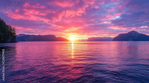 Vibrant sunset over tranquil waters with colorful clouds and distant mountains in the background