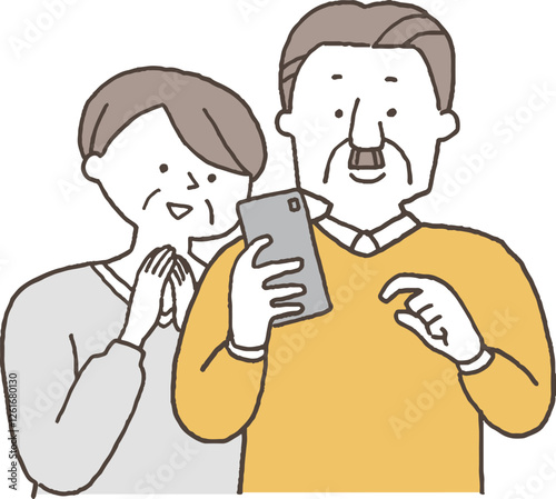 スマホを操作するシニア夫婦単色