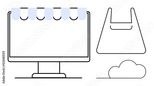 Computer screen with awning, shopping bag, cloud. Ideal for e-commerce, online stores, retail, digital shopping, cloud technology internet services website design. Modern abstract line flat