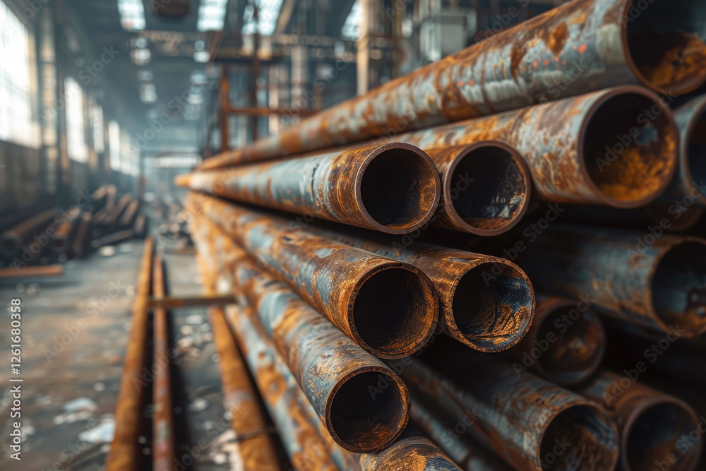 Rusty pipes stacked in an industrial setting, showcasing wear and age. Rusty pipes stacked in an industrial setting, showcasing wear and age.
