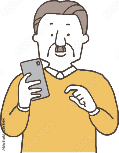 スマホを操作するシニア男性単色