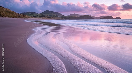Serene beach landscape at sunset with gentle waves and distant hills under a colorful sky