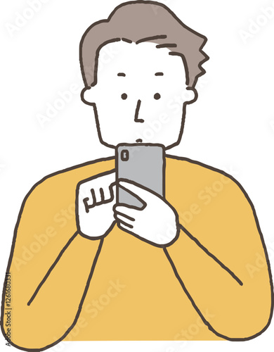 スマホを操作する若い男性単色