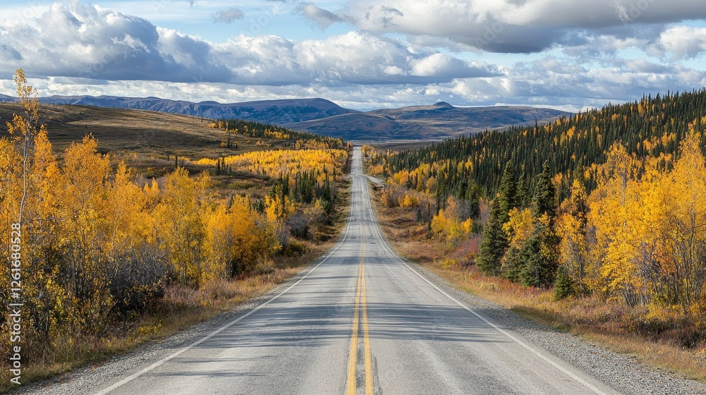 Serene Road Through Autumn Landscape Surrounded by Golden Trees Serene Road Through Autumn Landscape Surrounded by Golden Trees