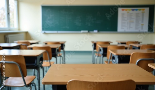 Desks lined up in an empty classroom with a chalkboard and educational materials in the background