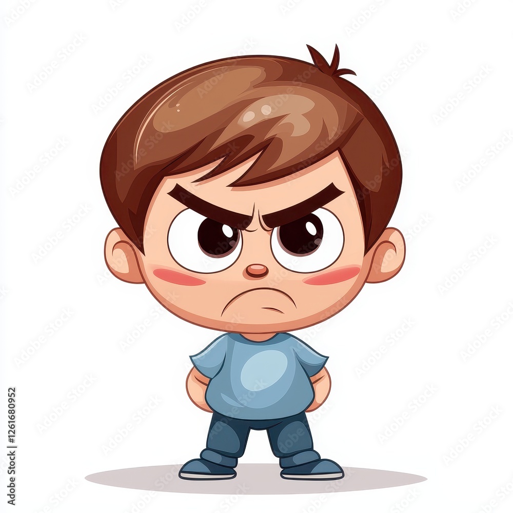 Angry Cartoon Child with Puffed Cheeks on White Background Angry Cartoon Child with Puffed Cheeks on White Background