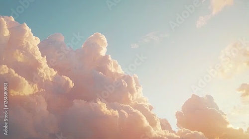 Serene sunset sky with fluffy clouds illuminated by warm light, evoking tranquility and beauty