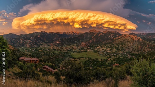 Majestic sunset over mountainous landscape with dramatic cloud formation and serene valley view