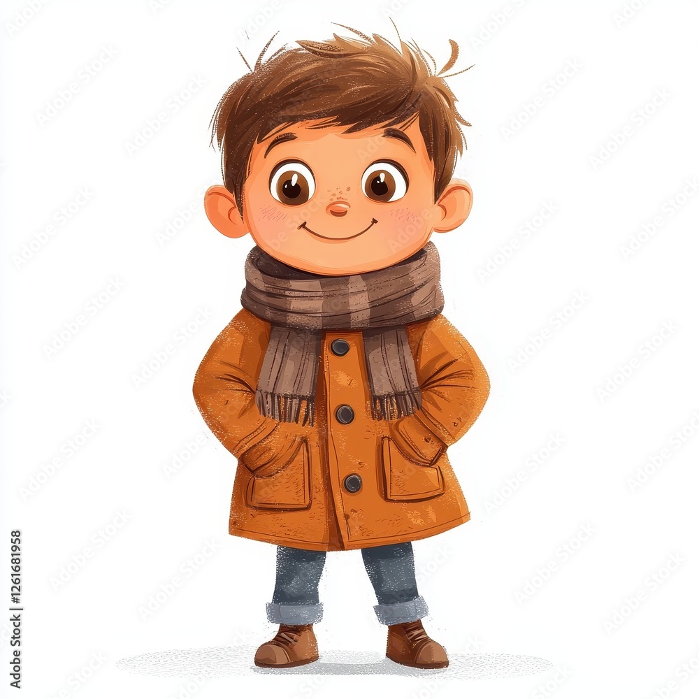 Adorable Cartoon Child in Cozy Winter Coat and Scarf Smiling Joyfully Adorable Cartoon Child in Cozy Winter Coat and Scarf Smiling Joyfully
