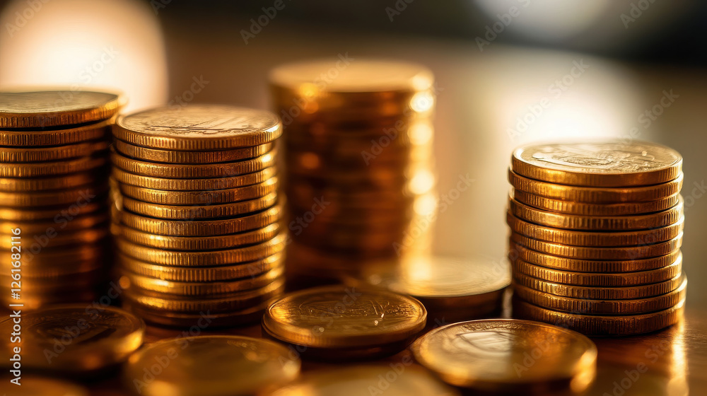 Stacks of gold coins arranged artistically on a wooden surface, reflecting light. Stacks of gold coins arranged artistically on a wooden surface, reflecting light.