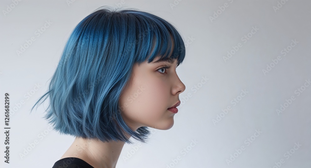 Naklejka premium Girl with short blue hair side view portrait on plain white background