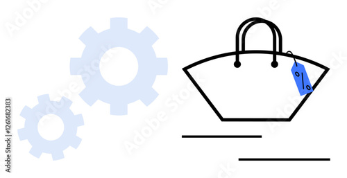 Shopping bag with price tag and two gears. Ideal for retail, automation, e-commerce, sales, technology, shopping, efficiency. Represents cost analysis within business operations abstract line flat