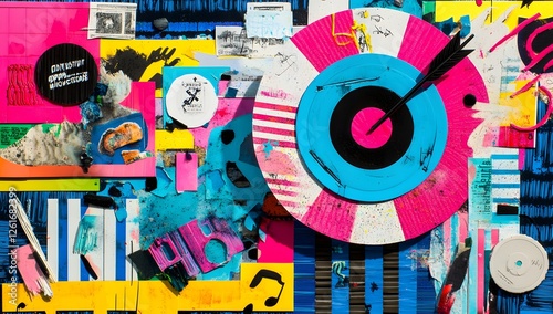 Colorful collage of music vinyl and paper art on a wall